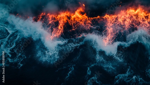 The red and orange lava pours into the dark ocean causing steam and smoke.