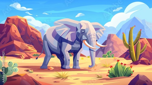 Elephant in wilderness landscape, outdoors zoo or safari park. Cartoon wild animal character in deserted nature background, surrounded by sand, rocks, and cacti. Modern illustration of wildlife