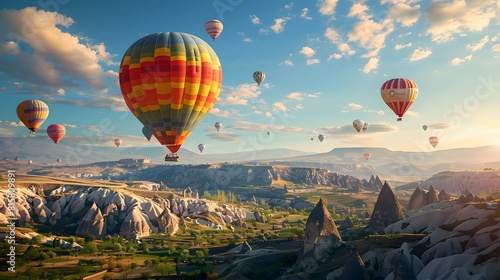 A photo of hot air balloons floating over the Cappadocia region in Turkey, with its unique rock formations and vibrant colors. 