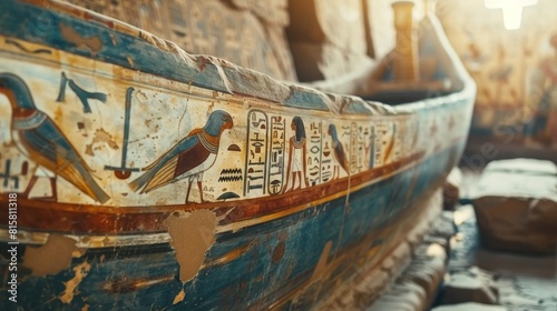 A fragment of an ancient Egyptian boat painted with hieroglyphs