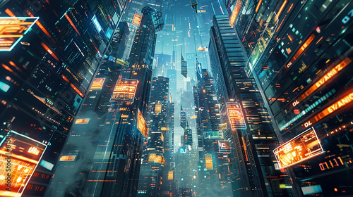 A futuristic cityscape dominated by towering skyscrapers adorned with digital billboards and interactive displays, where the line between reality and virtuality blurs into insignificance.