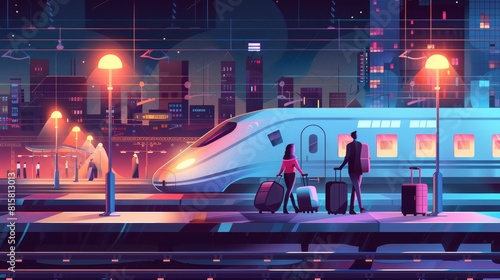 In an electric lamp light, a speed train is on rails with passengers with suitcases on the platform at a railway station at night, in a modern illustration of a city landscape with passengers with