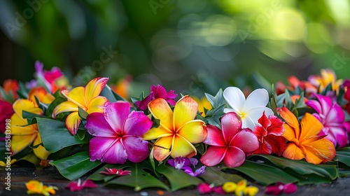 A vibrant Hawaiian lei made of colorful flowers and green leaves is displayed on an outdoor table with natural lighting. 