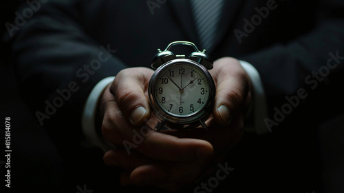 Businessman with alarm clock on dark background closeup