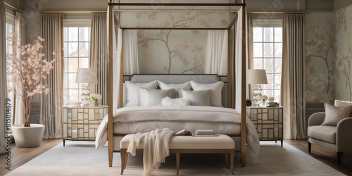 A serene master bedroom with wallpaper in soft pastel hues, a canopy bed draped in sheer curtains, and plush bedding for a luxurious and tranquil retreat.
