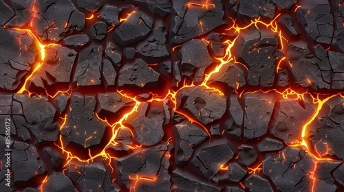 Ground lava, red magma glow from volcanic cracks, ruined land surface, disaster damage fissure effect isolated on transparent background, Realistic 3D modern image.