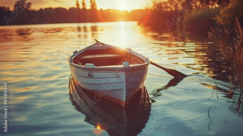 Small wooden rowing boat on the lake at sunset. Beautiful summer landscape