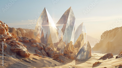 A geometric oasis nestled amidst a desert landscape, where crystalline structures rise from the sand like mirages, shimmering in the heat of the sun.