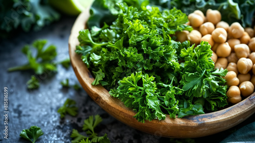 Close-up of fresh green parsley and round chickpeas in a rustic wooden bowl on a dark kitchen surface. 