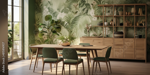 A stylish dining room with wallpaper featuring a bold botanical print in shades of green, paired with a rustic wooden table and modern dining chairs for a fresh look.