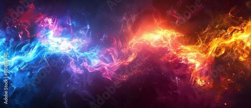 The image is a colorful abstract painting. It has a blue and purple background with bright red and yellow splashes. The painting is very fluid and looks like it is in motion.