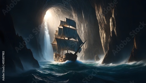 A towering ship bravely navigates through a narrow cave entrance against raging seas, illuminated by a distant light that casts dramatic shadows on the cavern walls.