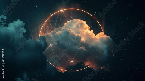 Neon-lit abstract cloud against dark night sky. Geometric shapes glow within circular frame.