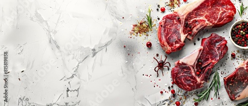 Raw steaks with spices on white marble background.
