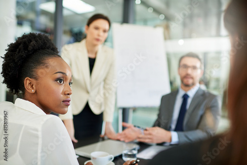 Business people, meeting and boardroom discussion with team for corporate finance or collaboration at office. Group of employees discussing company revenue, profit or project budget at workplace