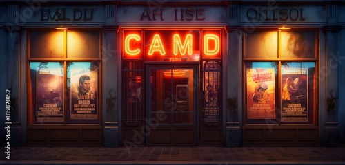 The ade of an old cinema, its neon sign dimmed but still grand, reminiscent of the golden age of film, with classic movie posters displayed in the windows, under the soft light of a setting sun. 