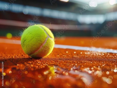 green tennis ball, orange court, low angle, stadium blurred in background