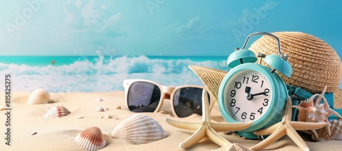 Summertime vacation concept. Time to relax. Last minute deals. Alarm clock with straw hat, starfish on the sand beach and sea background.