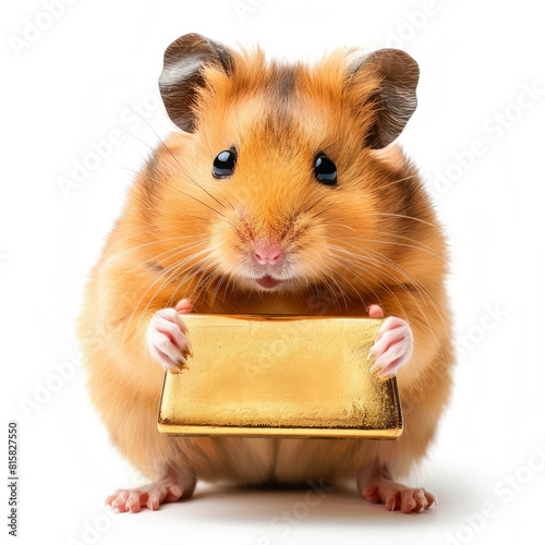 Golden hamster holding a gold bar