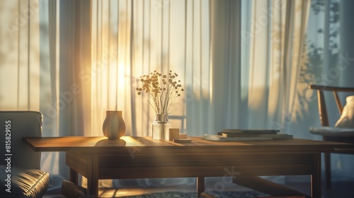 The interior of a Nordic home at dawn, with soft sunlight filtering through sheer curtains, illuminating the clean.