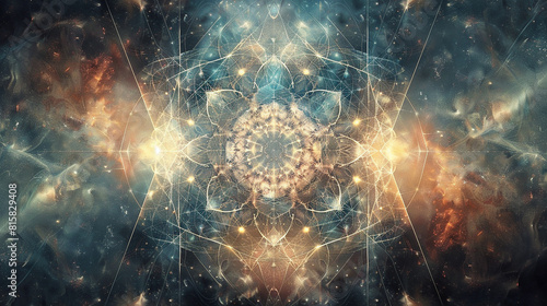 A symmetrical arrangement of geometric forms radiating outwards from a central point, converging and diverging in a cosmic dance of order and chaos.