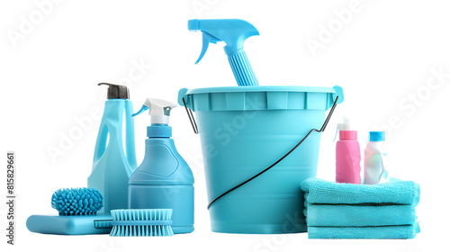 Light blue bucket and many different car wash products isolated on transparent background