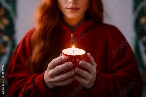 close-up of woman holding a votive candle