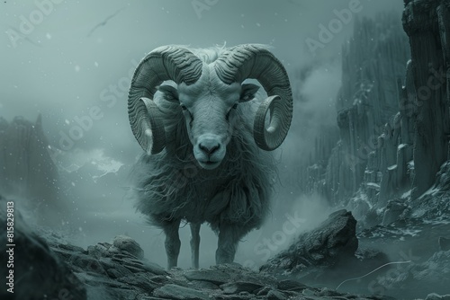 Powerful ram stands amid a foggy, ethereal mountain scene, exuding strength and mystery