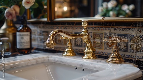 antique bathroom fixture, antique brass faucet with ornate design elevates the timeless charm of the traditional bathroom decor
