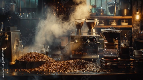 Coffee Beans and Steam On a Rustic Background