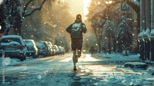 A male runner with a backpack runs down a city street while wearing shorts in the winter