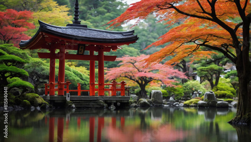 Maple Tree and Shinto Shrine, Tranquil Japanese Landscape
