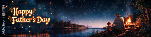 A starlit riverside with a campfire in the right corner, gently illuminating a father and child. In the left corner, "Happy Father's Day" shines in luminous letters.