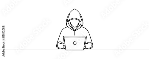 One line continuous cyber security hacker symbol. Silhouette of online financial security thief. vector illustration.