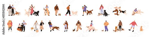 People walking with dogs. Pet owners leading puppies outdoors set. Characters strolling with companion animals, doggies. Men, women and pups. Flat vector illustration isolated on white background
