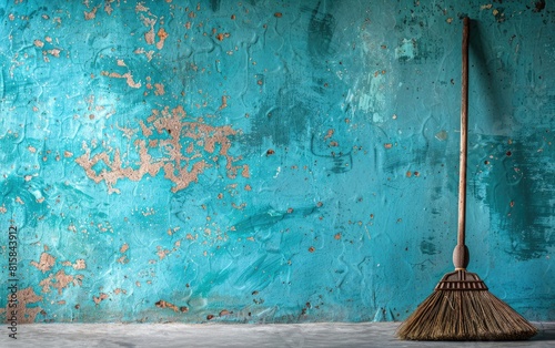 A weathered broom stands against a textured blue wall in a rustic setting.