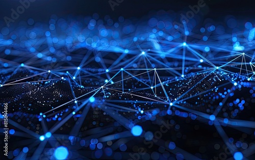 Abstract network of glowing blue lines and nodes against a dark background.