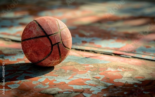Aged basketball on a worn court with faded lines.