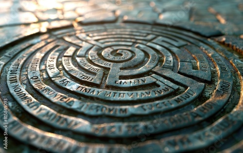 Ancient stone labyrinth engraving with inscribed Latin text.