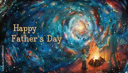Under a celestial tapestry, a campfire in the right corner casts a warm glow, hinting at a father and child. The opposite corner proudly displays "Happy Father's Day" in clear, readable text.