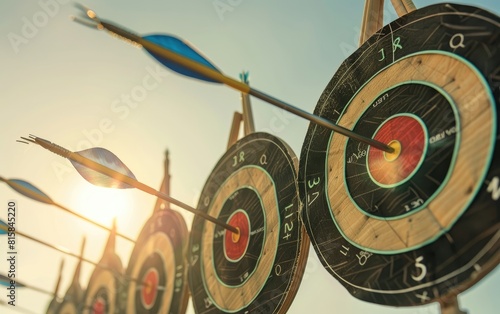 Arrows hitting the bullseye in multiple targets under a bright sky.