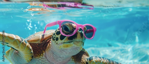Funny animal summer holiday vacation photography banner background - Closeup of turtle with sunglasses swimming in pool water or ocean, underwater