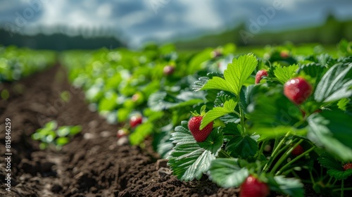 agricultural field growth, lush strawberry field with neatly planted rows of plants in green beds, thriving under the clear blue sky