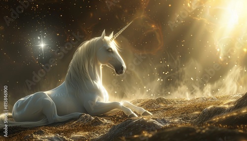 A white unicorn is laying in a field of flowers by AI generated image
