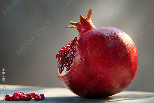 A beautiful pomegranate, with its vibrant red outer skin and juicy, plump seeds.