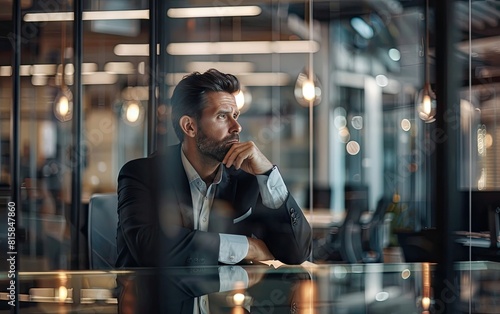 Businessman pondering at a modern glass-walled office table.