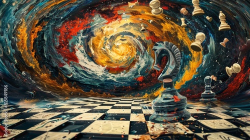 A levitating chessboard hovering amidst a chaotic storm of swirling playing pieces