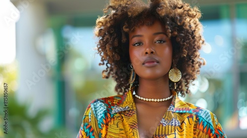 A beautiful young black woman strolls outdoors in colorful clothing and curly Afrop hair style