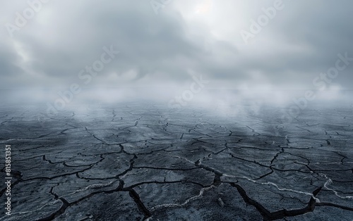 Eerie landscape of cracked ground enveloped in dense fog.