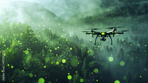 A drone flying over a forest, equipped with biosensors that glow in varying intensities of green as they analyze air quality and detect pollutants 
